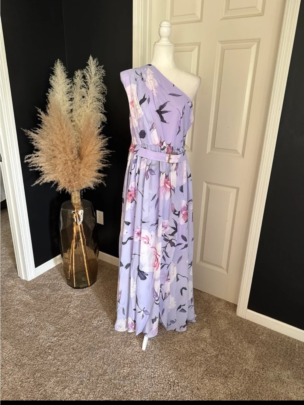 NWT FEHAUTE Ruched Slit Chiffon One Shoulder A-Line Gown Maxi Dress size 12/Lrg - Picture 6 of 12